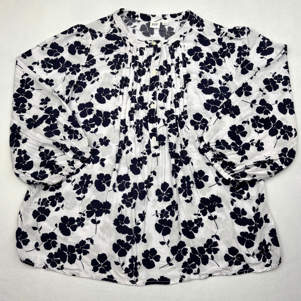 Gap Shirt Womens Large White Navy Blue Floral Pintuck Button Peasant Blouse Top